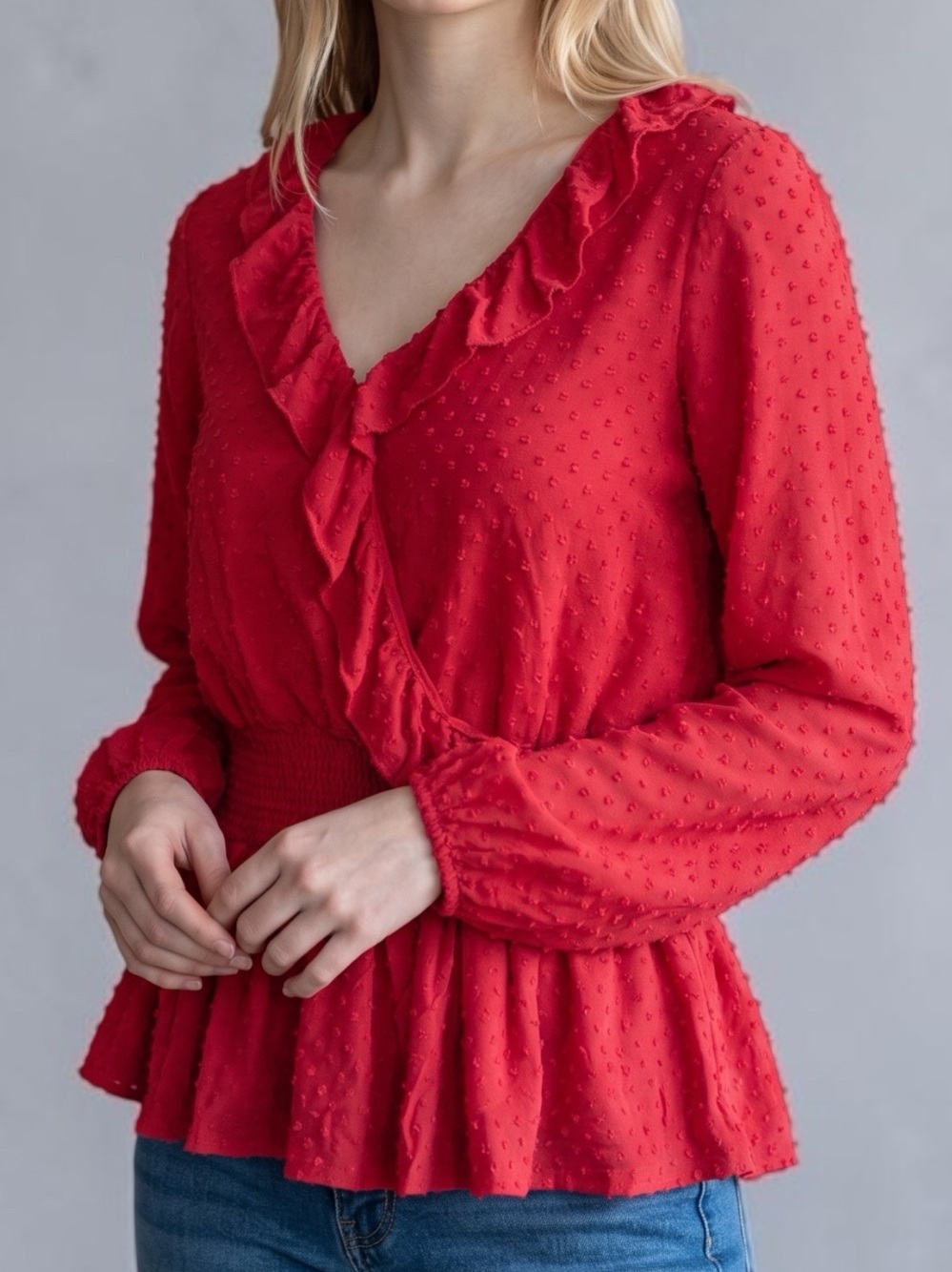 Peach Love California Red Ruffled V-Neck Peplum Blouse